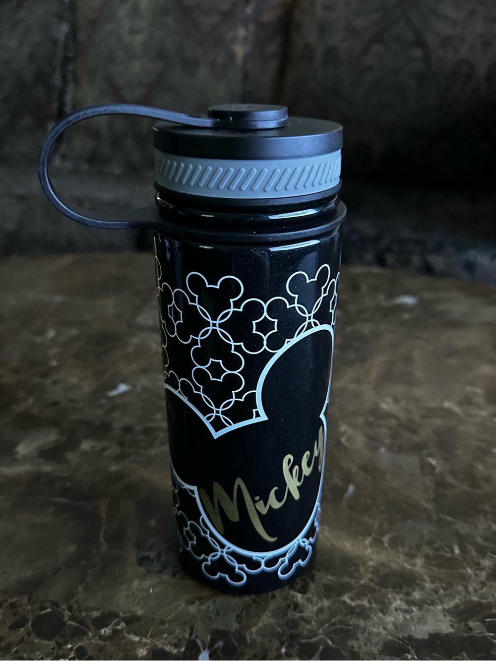 Disney Black Water Bottle with Gray Lid and Gold Mickey Script